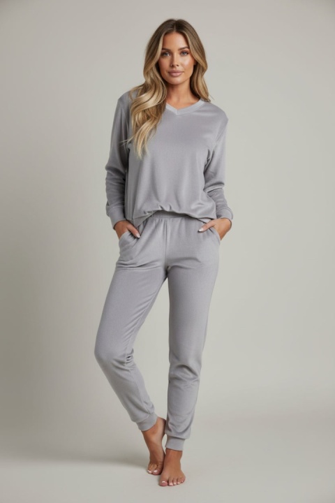 Welurowy dres RONY | pastelolwy popiel | długi rękaw | dekolt w serek