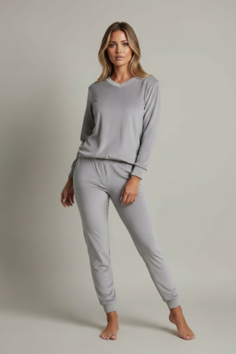 Welurowy dres RONY | pastelolwy popiel | długi rękaw | dekolt w serek