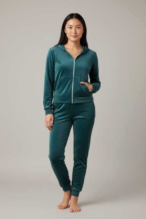 Welurowy komplet dresowy TIGUAN | ciemny butelkowy | bluza na suwak | one size