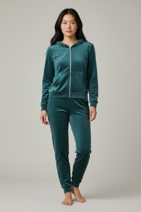 Welurowy komplet dresowy TIGUAN | ciemny butelkowy | bluza na suwak | one size