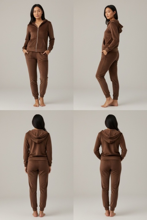 Welurowy komplet dresowy TIGUAN | czekoladowy | bluza na suwak | one size