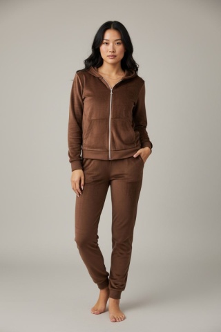 Welurowy komplet dresowy TIGUAN | czekoladowy | bluza na suwak | one size