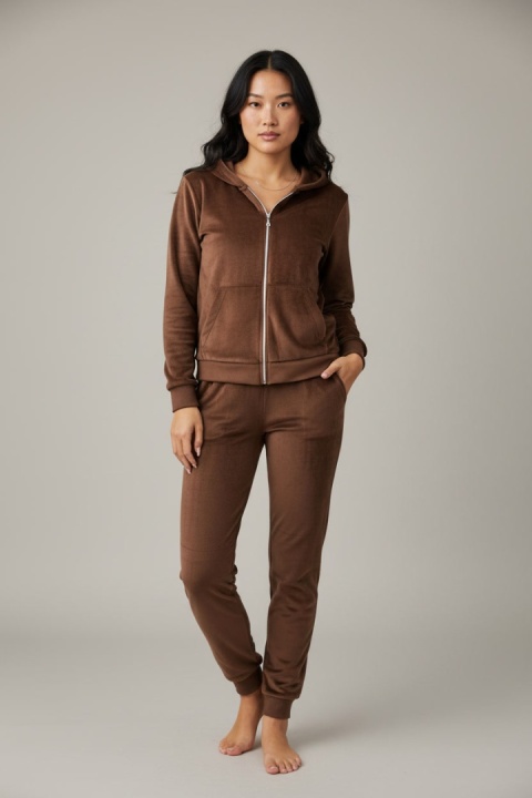 Welurowy komplet dresowy TIGUAN | czekoladowy | bluza na suwak | one size