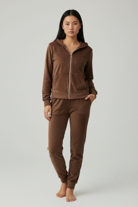 Welurowy komplet dresowy TIGUAN | czekoladowy | bluza na suwak | one size