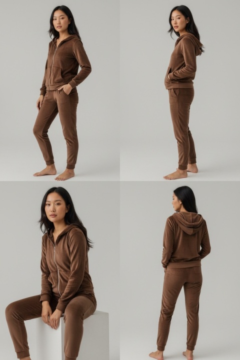 Welurowy komplet dresowy TIGUAN | czekoladowy | bluza na suwak | one size