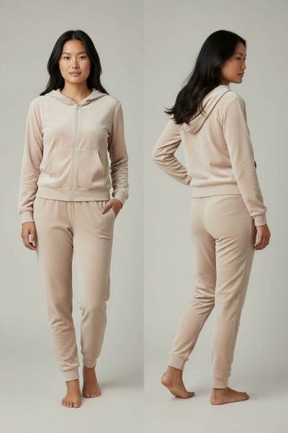Welurowy komplet dresowy TIGUAN | ecru | bluza na suwak | one size