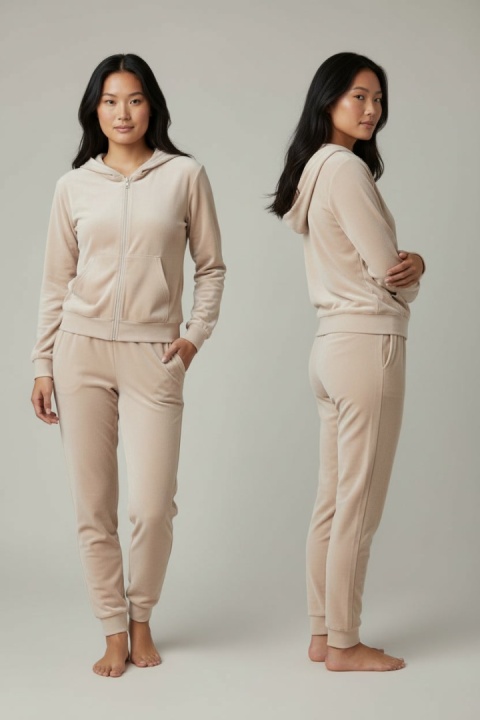 Welurowy komplet dresowy TIGUAN | ecru | bluza na suwak | one size