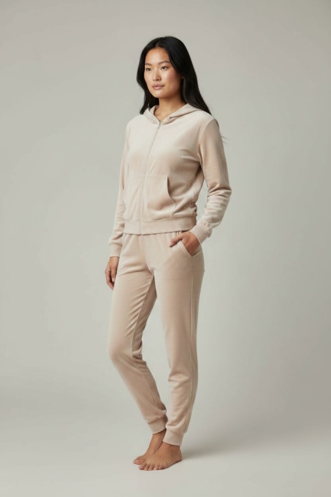 Welurowy komplet dresowy TIGUAN | ecru | bluza na suwak | one size