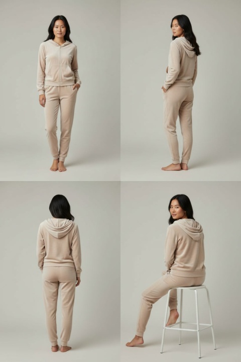 Welurowy komplet dresowy TIGUAN | ecru | bluza na suwak | one size