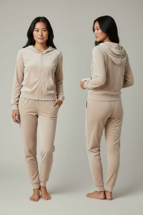 Welurowy komplet dresowy TIGUAN | ecru | bluza na suwak | one size