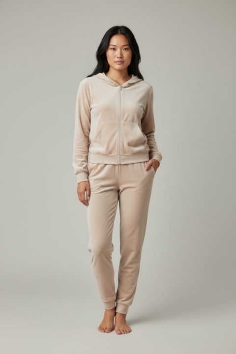 Welurowy komplet dresowy TIGUAN | ecru | bluza na suwak | one size
