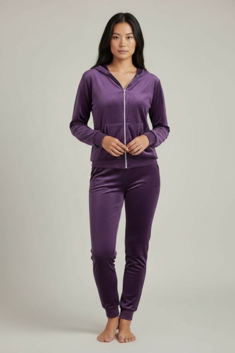Welurowy komplet dresowy TIGUAN | fiolet biskupi| bluza na suwak | one size