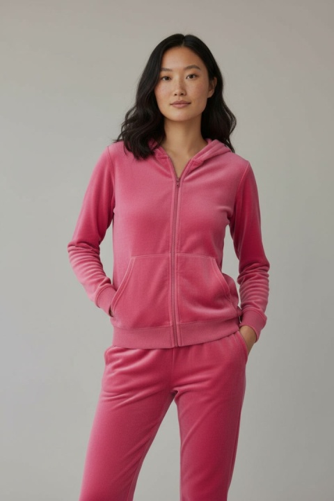 Welurowy komplet dresowy TIGUAN | fuksja | bluza na suwak | one size