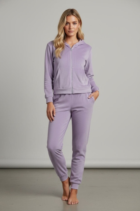 Welurowy komplet dresowy TIGUAN | lila | bluza na suwak | one size
