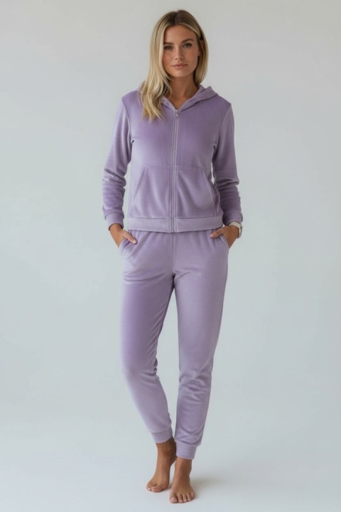 Welurowy komplet dresowy TIGUAN | lila | bluza na suwak | one size