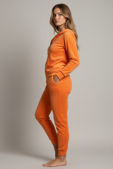 Welurowy komplet dresowy TIGUAN | neonowy pomarańczowy | bluza na suwak | one size