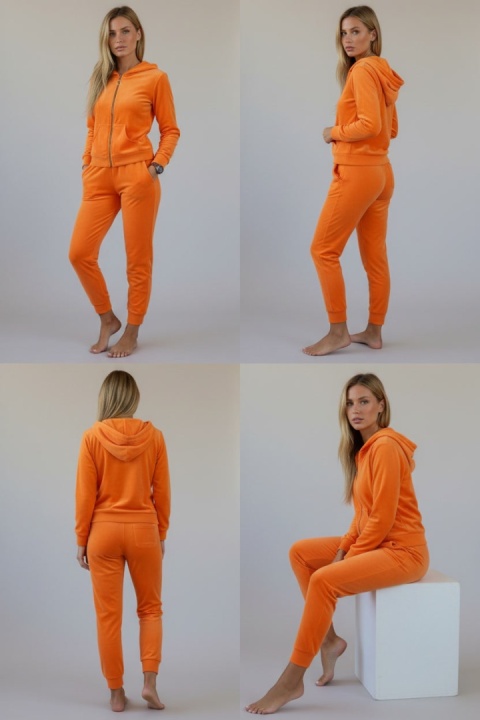 Welurowy komplet dresowy TIGUAN | neonowy pomarańczowy | bluza na suwak | one size