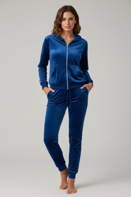 Welurowy komplet dresowy TIGUAN | niebieski | bluza na suwak | one size