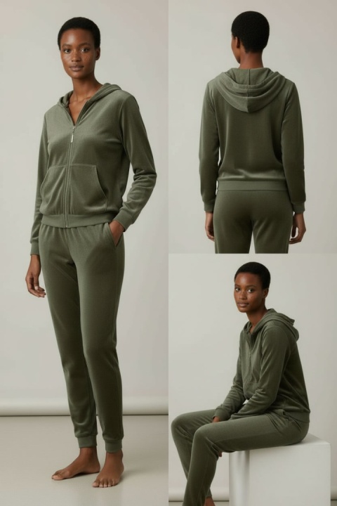 Welurowy komplet dresowy TIGUAN | popielata zieleń | bluza na suwak | one size