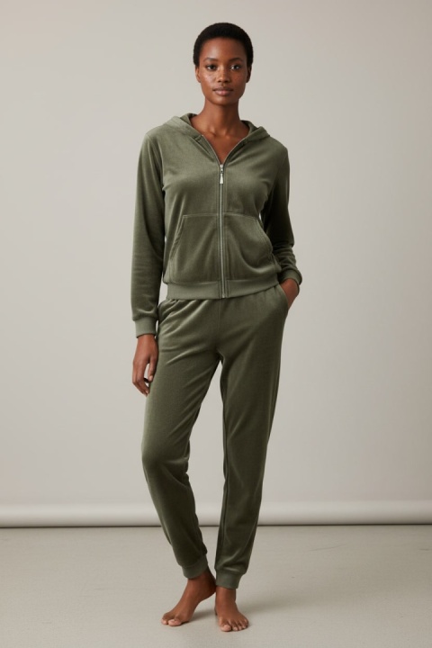 Welurowy komplet dresowy TIGUAN | popielata zieleń | bluza na suwak | one size