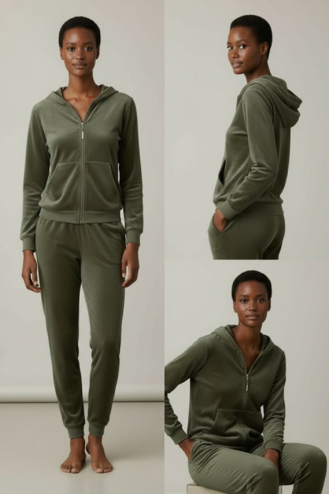 Welurowy komplet dresowy TIGUAN | popielata zieleń | bluza na suwak | one size