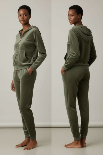 Welurowy komplet dresowy TIGUAN | popielata zieleń | bluza na suwak | one size
