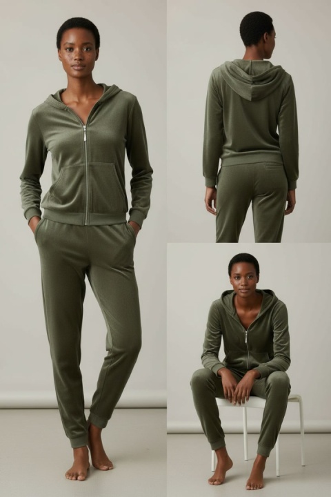 Welurowy komplet dresowy TIGUAN | popielata zieleń | bluza na suwak | one size