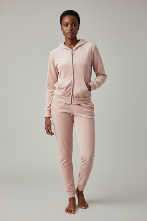 Welurowy komplet dresowy TIGUAN | pudrowy róż | bluza na suwak | one size