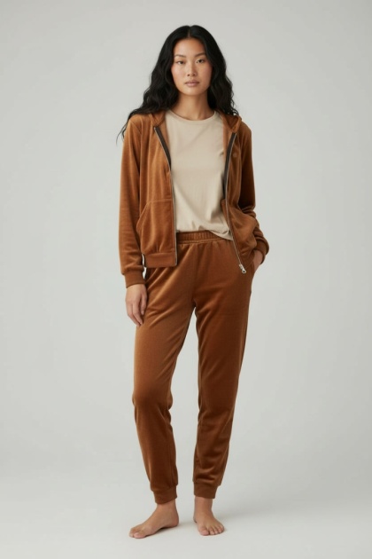 Welurowy komplet dresowy TIGUAN |słony karmel | bluza na suwak | one size