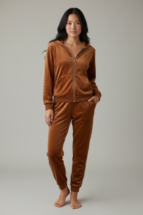 Welurowy komplet dresowy TIGUAN |słony karmel | bluza na suwak | one size